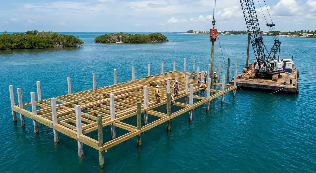 Aerial view of new dock framing on concrete pilings beside a crane barge in open water