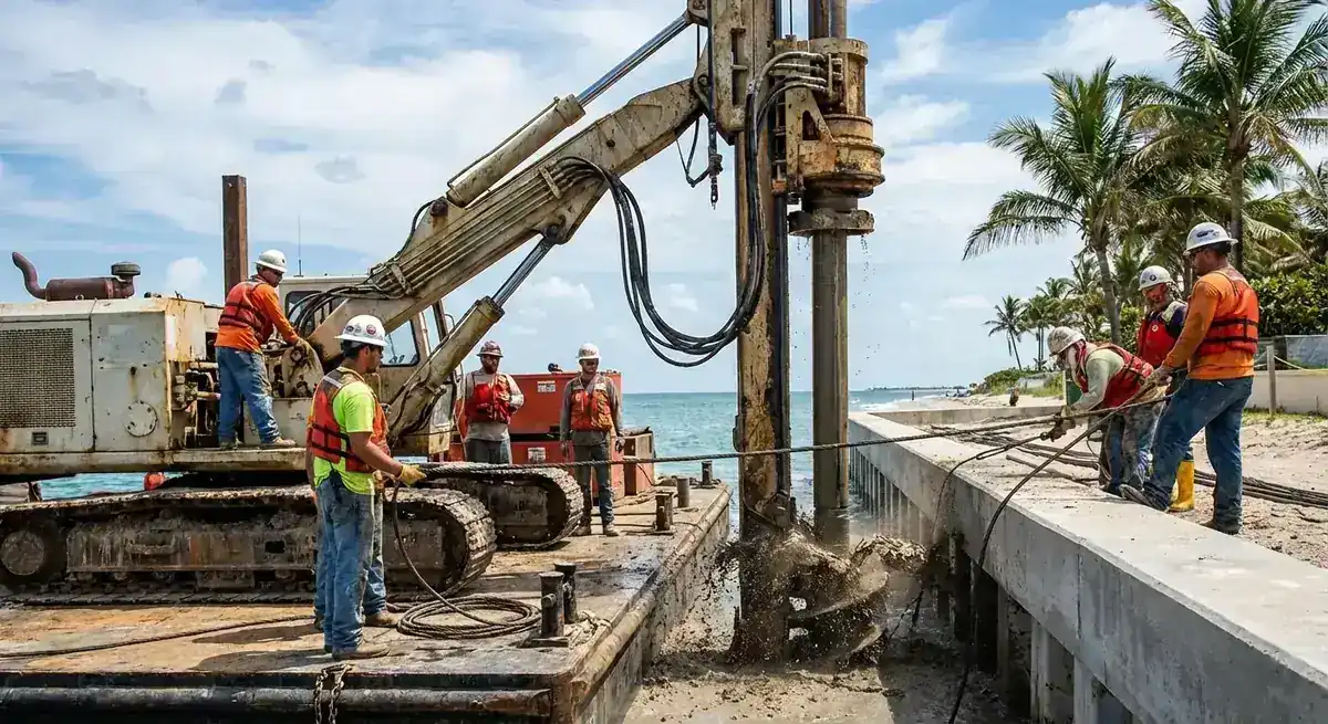 Barge mounted drill rig boring pilings beside a concrete seawall as a crew handles cables