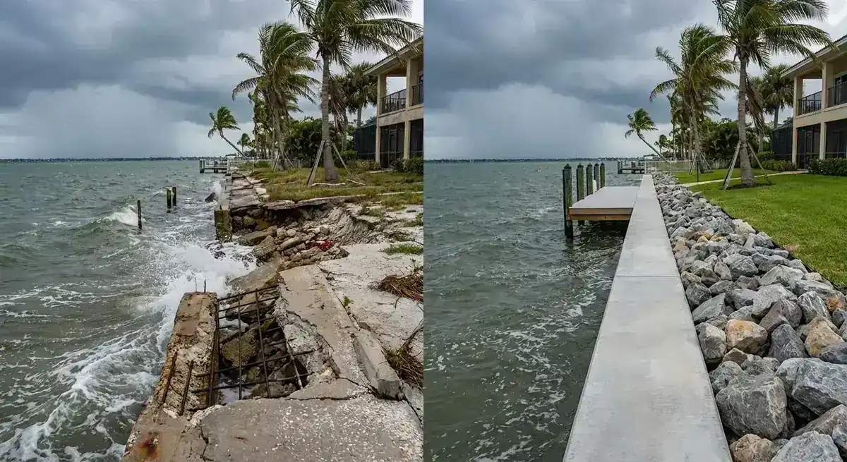 Before and after of a broken seawall replaced with a new concrete cap and rip-rap