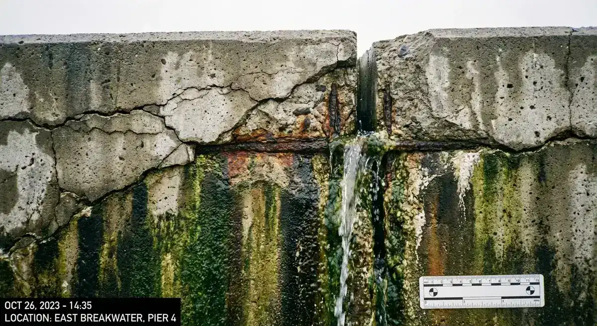 Close view of a cracked concrete seawall with rusted rebar, algae and water seeping through