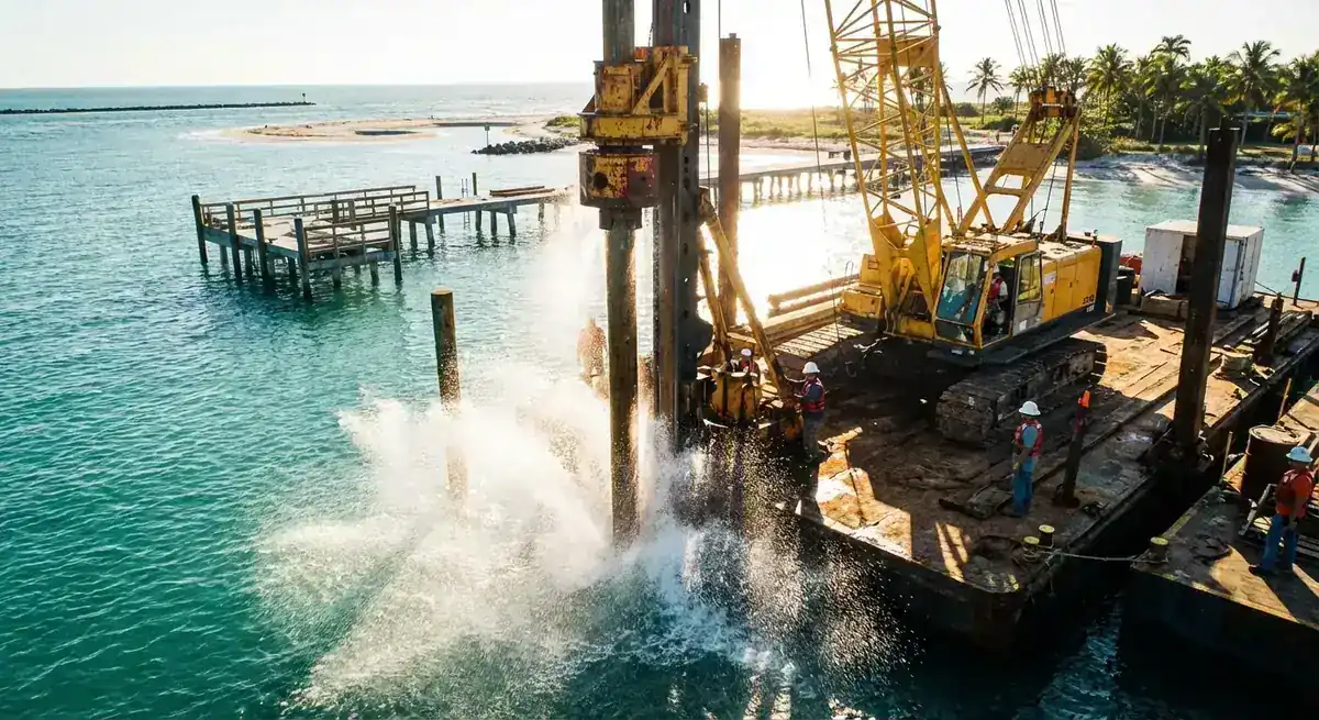 Crane barge driving a dock piling into open water with spray, crew on deck