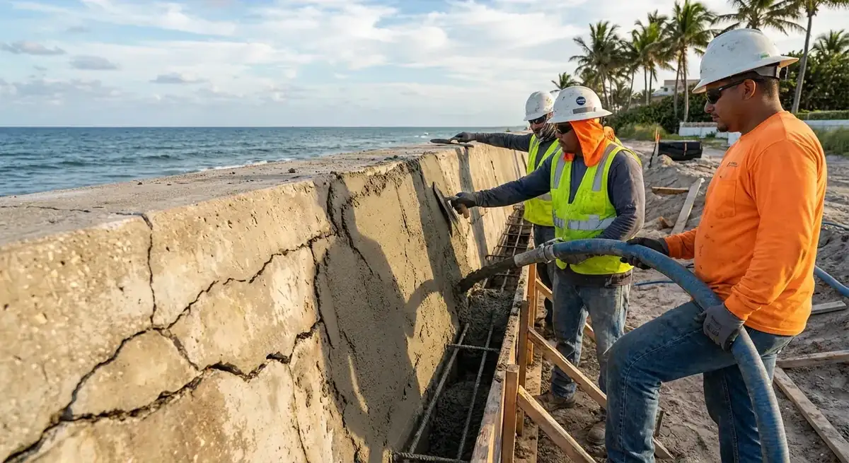 Crew troweling new concrete onto a cracked seawall face with rebar and wood forms
