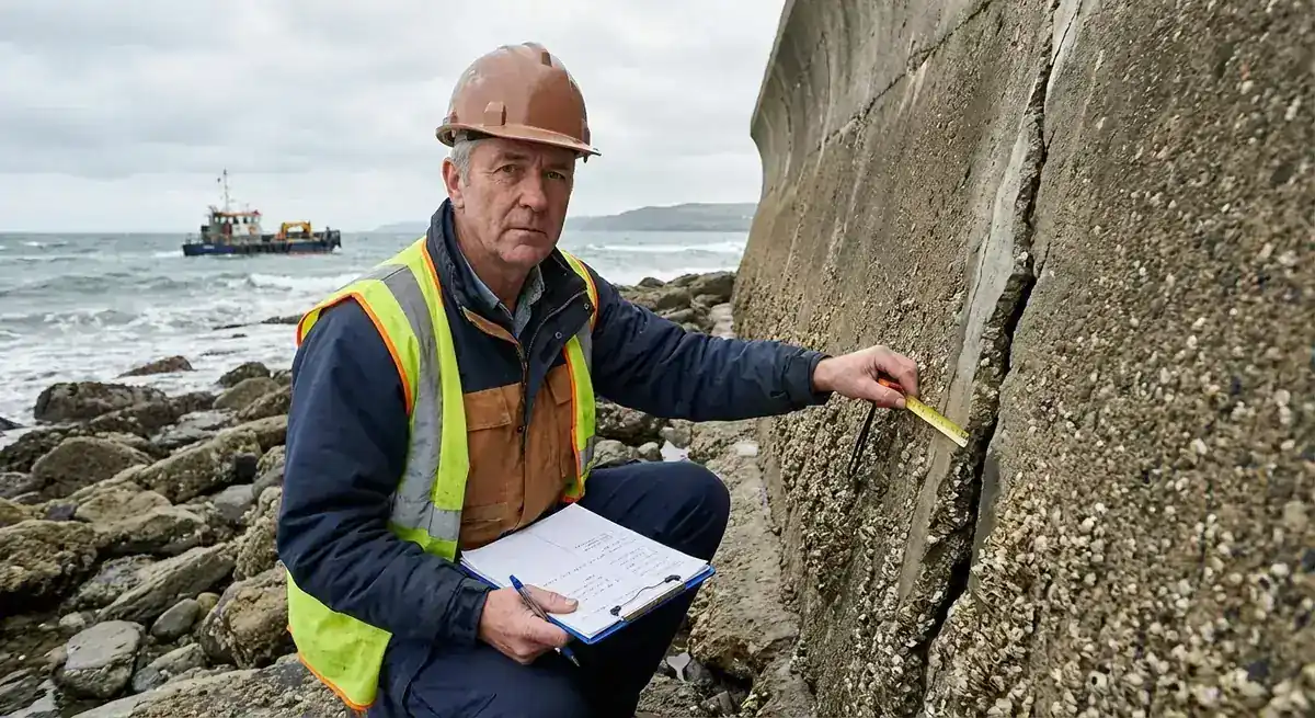 Inspector measuring a vertical crack in a barnacle covered concrete seawall on a rocky shore