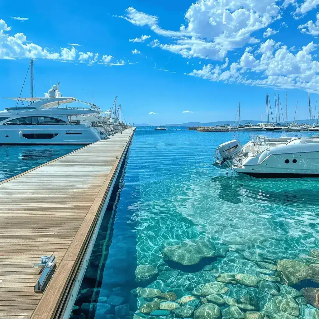 Long wood plank marina dock beside moored yachts over clear turquoise water