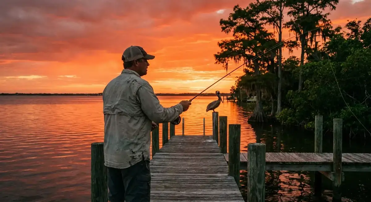 Man fly fishing from a weathered wood dock with pilings at sunset