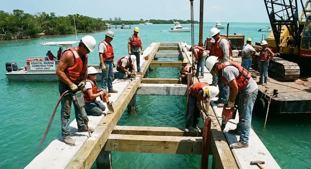 Marine crew framing a dock with timber stringers over shallow turquoise water beside a work barge