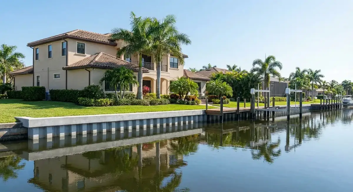 New concrete seawall with a wood dock and boat lifts along a Florida canal home