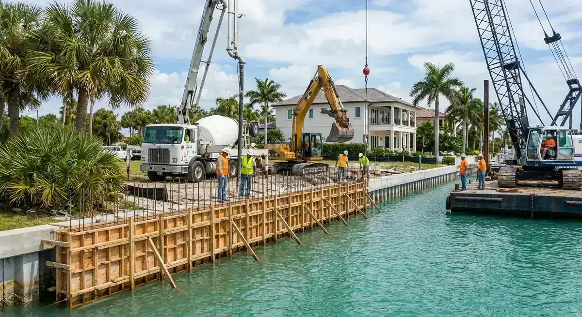 New seawall cap formwork with rebar along a Florida canal, crane barge and pump truck nearby