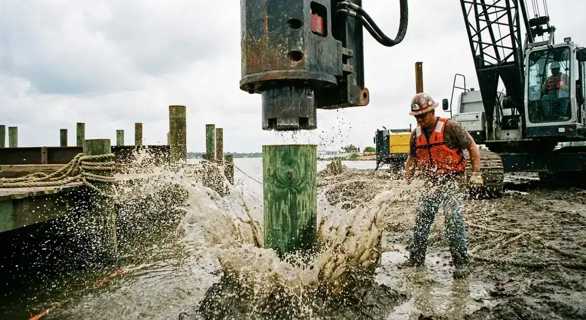 Pile driver hammering a treated wood dock piling into the shoreline with mud spraying