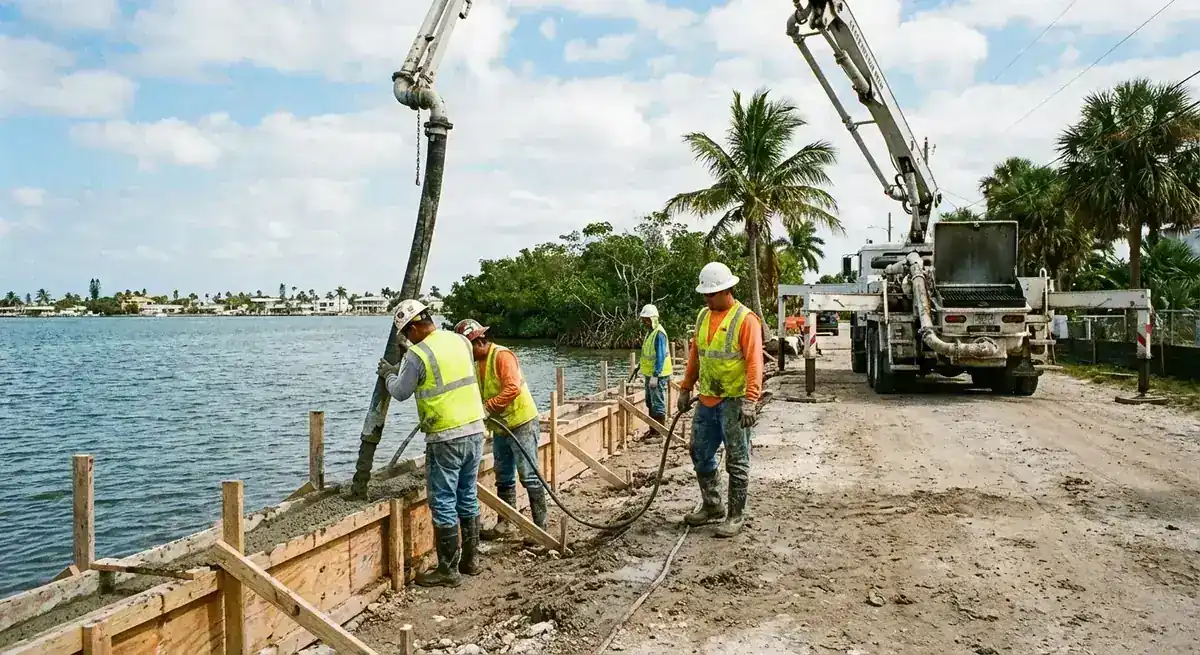 Pump truck pouring concrete into a new seawall cap form along the waterfront