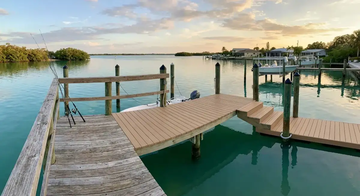 Wood dock connected to new composite deck sections and steps on calm turquoise water